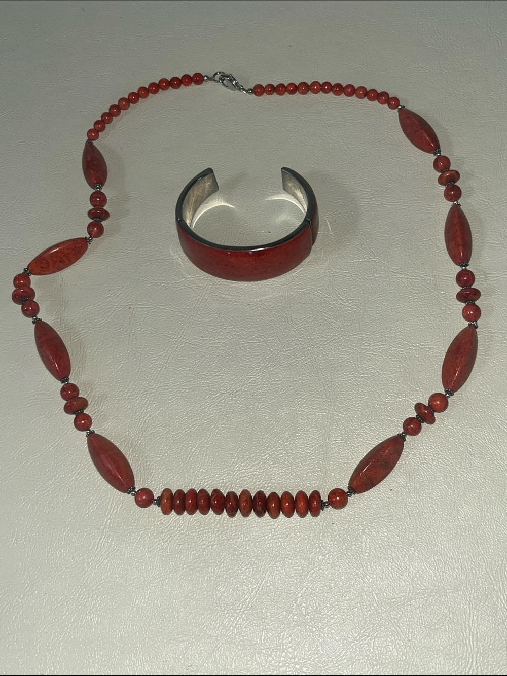 Red textured Bead & Steel Necklace and Cuff Bracelet Set